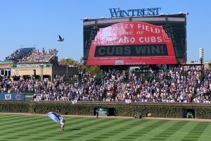 Cubs Win displayed on video board