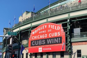 Cubs Win displayed on marque