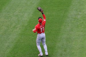 Jake Fraley prepares for the catch