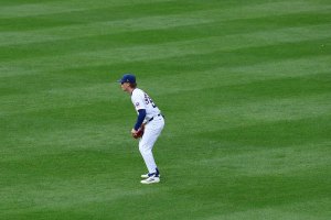 Pete Crow-Armstrong fielding prepares for pitch