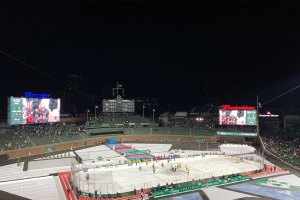 Full view of ice rink with scoreboard in background during NDU PSU game