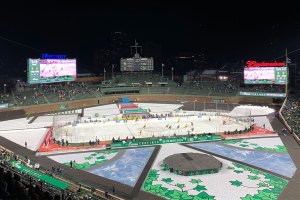 View of rink with video boards in the background