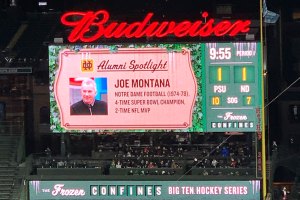 Sign celbrating Notre Dame alumni Joe Montana