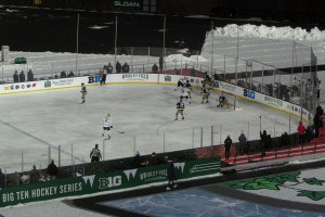 Action in the corner on Penn State end of ice