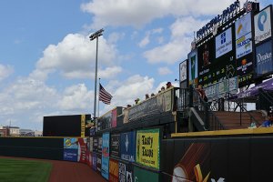 Outfield wall and scoreboard