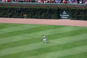 Pete Crow-Armstrong stands in center field