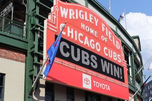 Cubs Win on the marquee in front of Wrigley Field