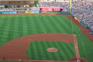 Action play looking into right field