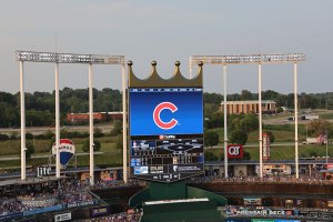 Cubs logo on scoreboard