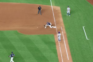 First baseman prepares to catch the ball