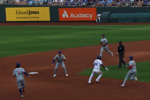 Man about to be tagged out during rundown 